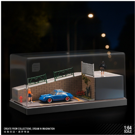Mô Hình Diorama 1:64 – Cảnh Phố Dốc, Xe Kim Loại, Hộp Trưng Bày Chống Bụi - Garage mini 1:64 cho bàn làm việc.