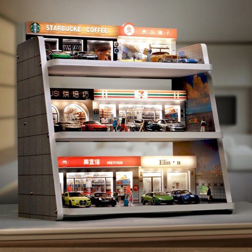 Mô Hình Diorama 1:64 – Bãi Đỗ Xe 3D - Có Đèn LED - Kiến Trúc Đa Tầng - Kệ trưng bày xe mô hình cho bàn làm việc.