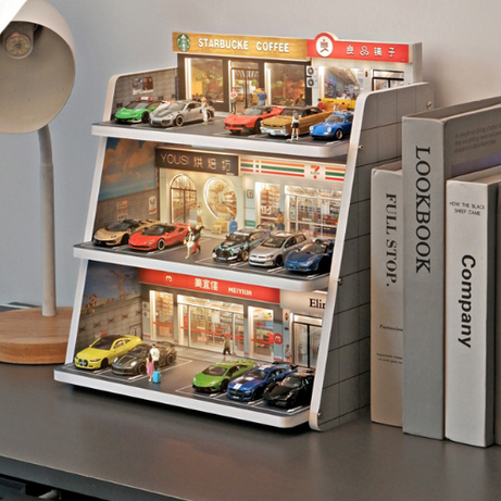 Mô Hình Diorama 1:64 – Bãi Đỗ Xe 3D - Có Đèn LED - Kiến Trúc Đa Tầng - Kệ trưng bày xe mô hình cho bàn làm việc.