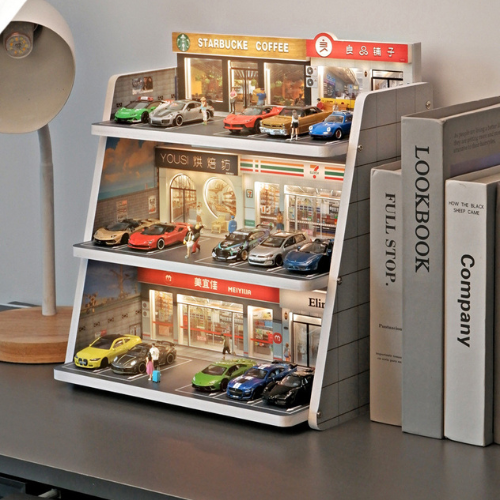 Mô Hình Diorama 1:64 – Bãi Đỗ Xe 3D - Có Đèn LED - Kiến Trúc Đa Tầng - Kệ trưng bày xe mô hình cho bàn làm việc.