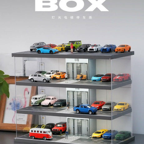 Mô Hình Bãi Đỗ Xe 1:64 Có Thang Máy & Đèn LED – Tủ Mica Trong Suốt.
