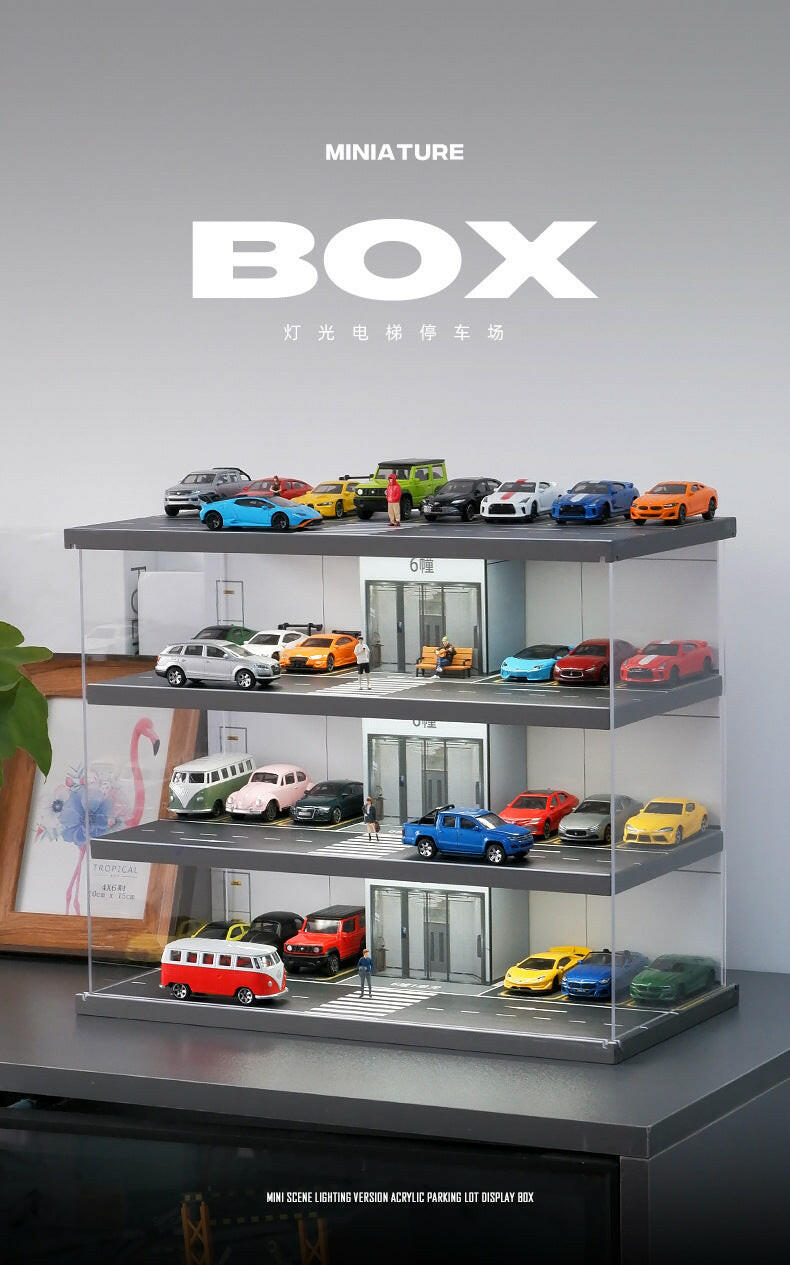 Mô Hình Bãi Đỗ Xe 1:64 Có Thang Máy & Đèn LED – Tủ Mica Trong Suốt.