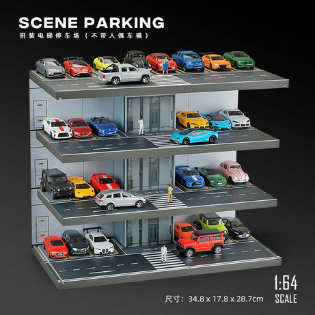 Mô Hình Bãi Đỗ Xe 1:64 Có Thang Máy & Đèn LED – Tủ Mica Trong Suốt.