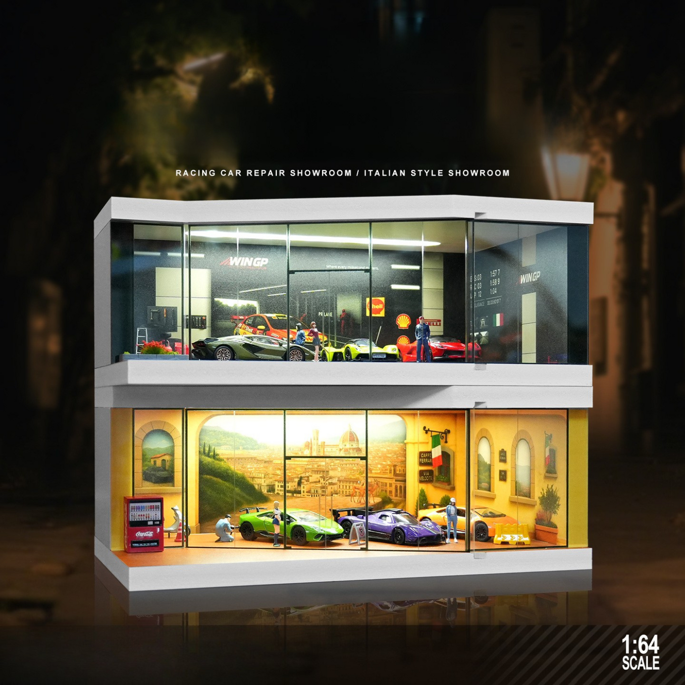 Mô Hình Diorama 1:64 – Cảnh Garage Đường Đua - Có Đèn LED - Hộp Trưng Bày Chống Bụi- Lắp Ráp Dễ Dàng.