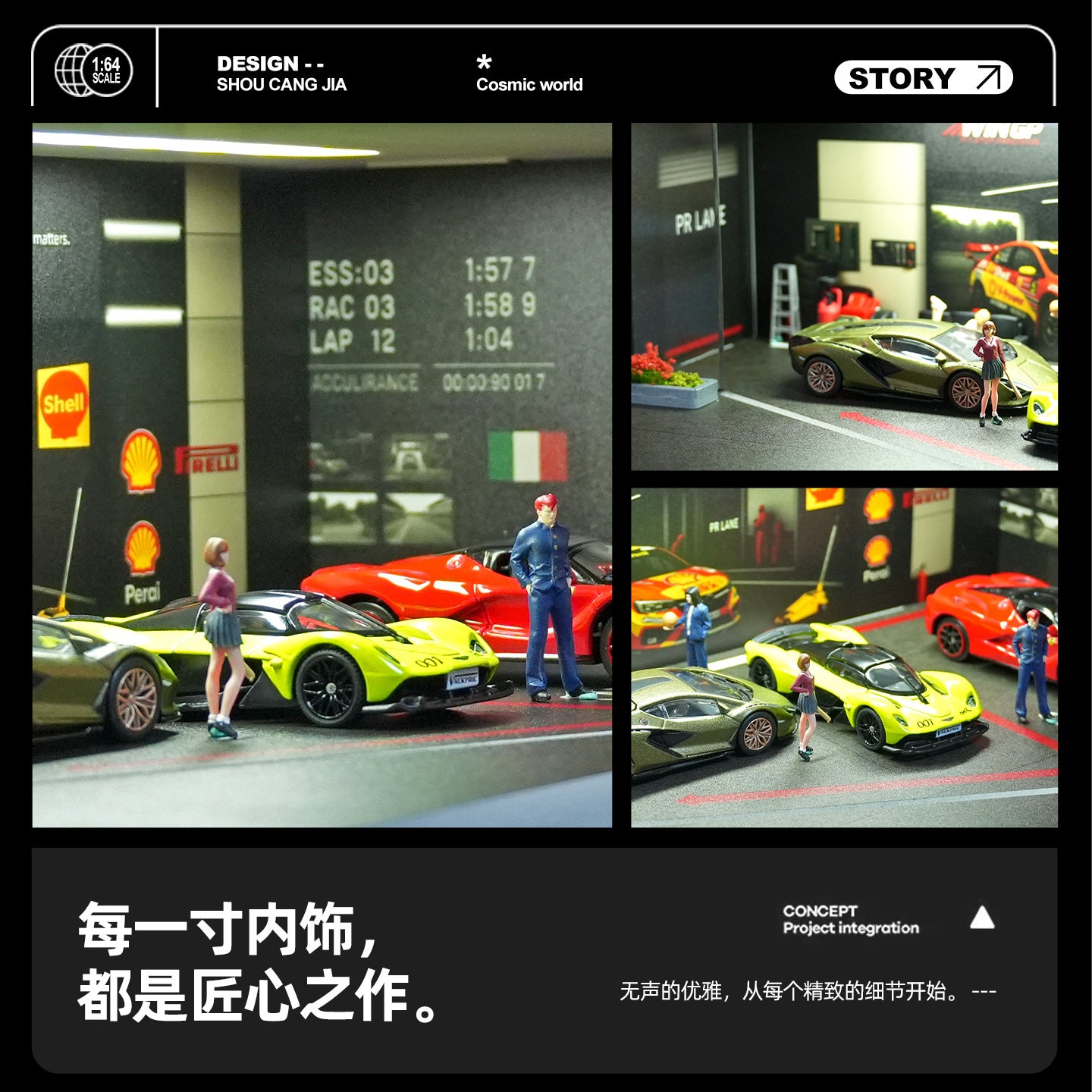 Mô Hình Diorama 1:64 – Cảnh Garage Đường Đua - Có Đèn LED - Hộp Trưng Bày Chống Bụi- Lắp Ráp Dễ Dàng.