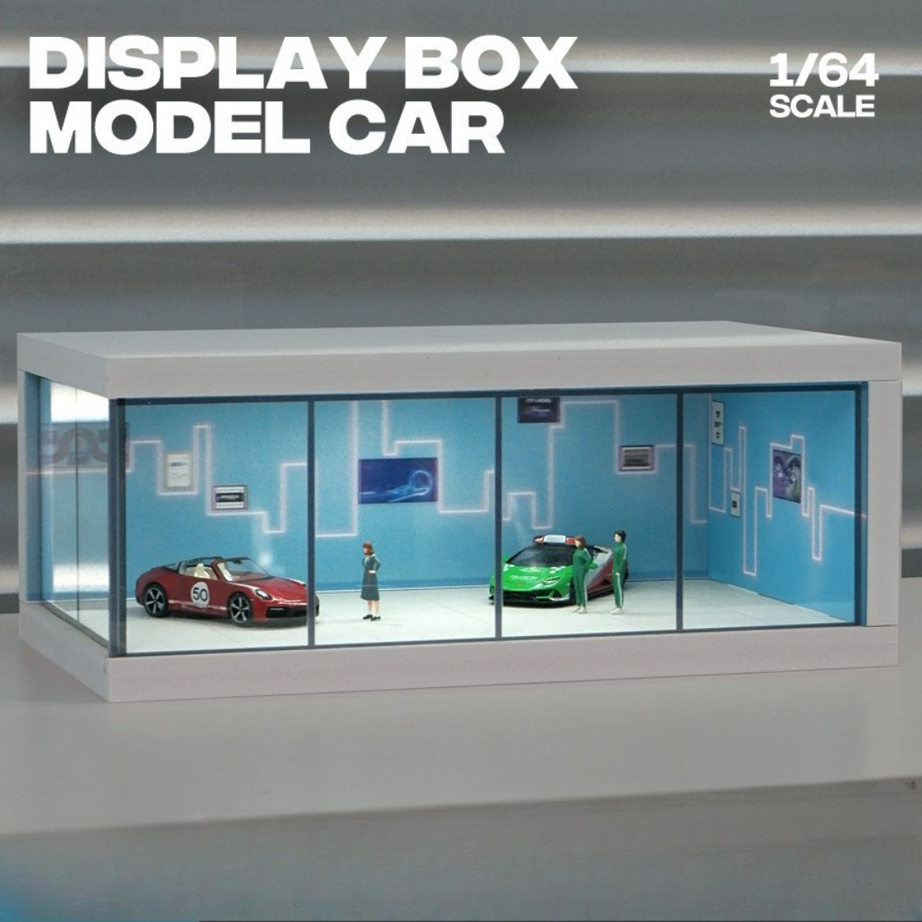 Mô Hình Showroom Trưng Bày Xe 1:64 Có Đèn LED – Tủ Acrylic Trong Suốt Cao Cấp, Garage Mini 3D.