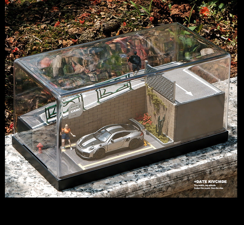 Mô Hình Diorama 1:64 – Cảnh Phố Dốc, Xe Kim Loại, Hộp Trưng Bày Chống Bụi - Garage mini 1:64 cho bàn làm việc.