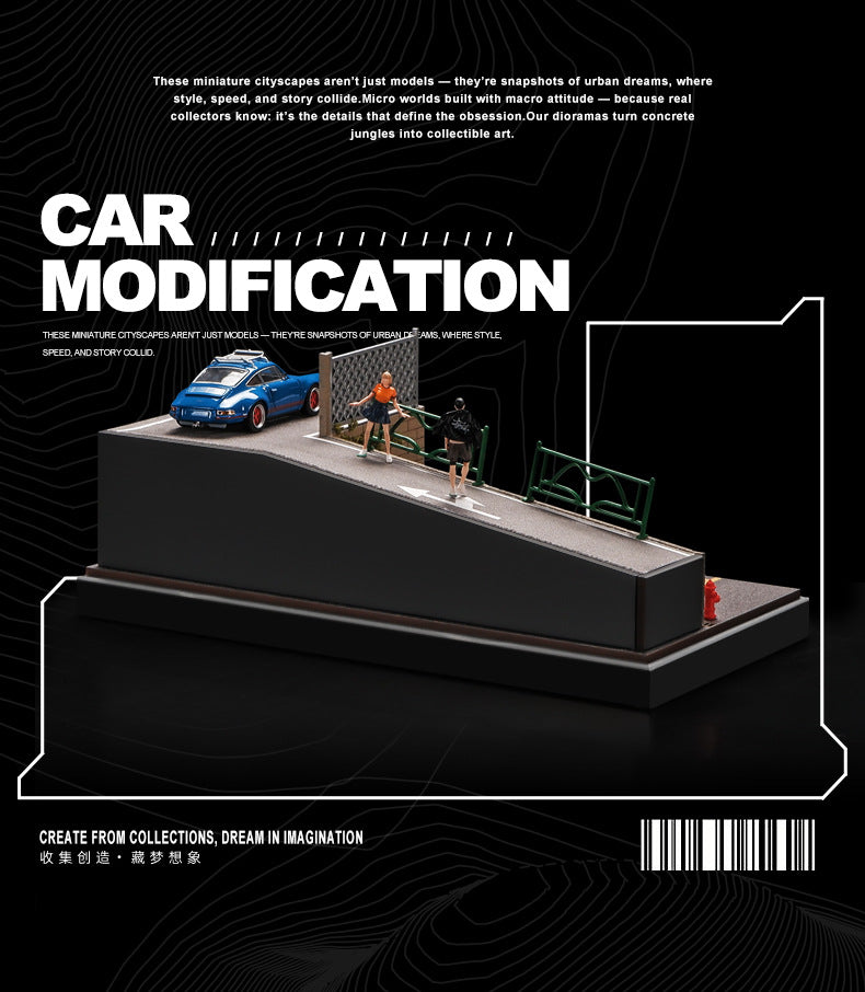 Mô Hình Diorama 1:64 – Cảnh Phố Dốc, Xe Kim Loại, Hộp Trưng Bày Chống Bụi - Garage mini 1:64 cho bàn làm việc.