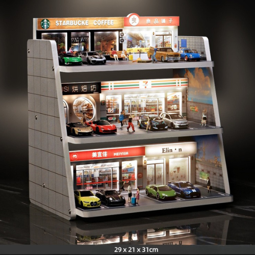 Mô Hình Diorama 1:64 – Bãi Đỗ Xe 3D - Có Đèn LED - Kiến Trúc Đa Tầng - Kệ trưng bày xe mô hình cho bàn làm việc.