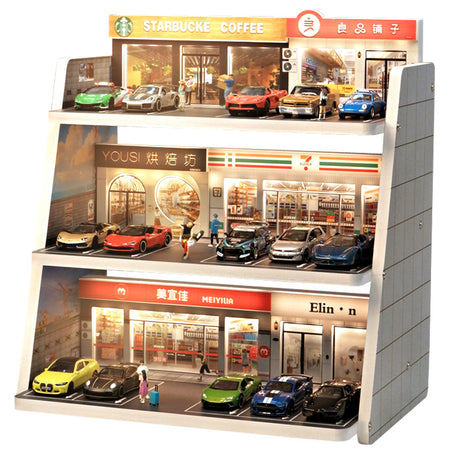 Mô Hình Diorama 1:64 – Bãi Đỗ Xe 3D - Có Đèn LED - Kiến Trúc Đa Tầng - Kệ trưng bày xe mô hình cho bàn làm việc.