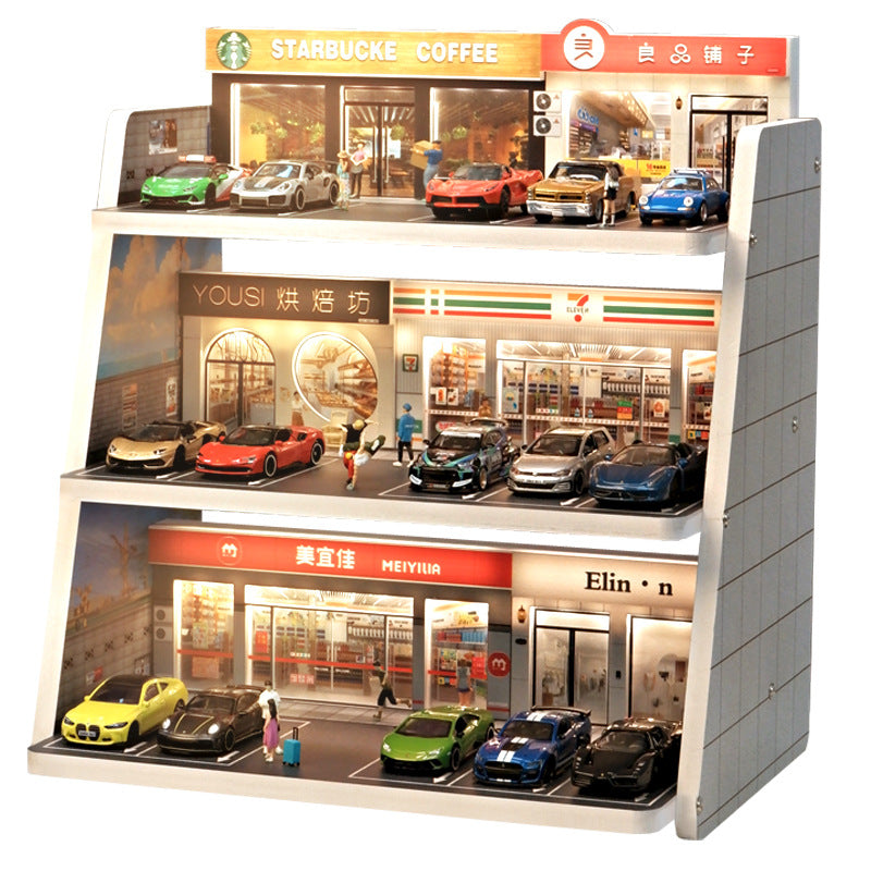 Mô Hình Diorama 1:64 – Bãi Đỗ Xe 3D - Có Đèn LED - Kiến Trúc Đa Tầng - Kệ trưng bày xe mô hình cho bàn làm việc.