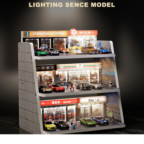 Mô Hình Diorama 1:64 – Bãi Đỗ Xe 3D - Có Đèn LED - Kiến Trúc Đa Tầng - Kệ trưng bày xe mô hình cho bàn làm việc.