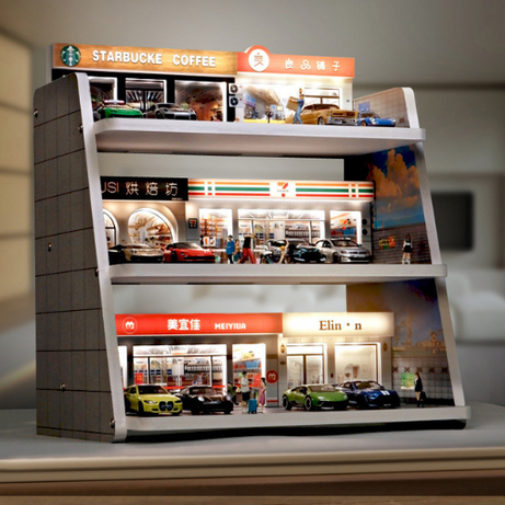 Mô Hình Diorama 1:64 – Bãi Đỗ Xe 3D - Có Đèn LED - Kiến Trúc Đa Tầng - Kệ trưng bày xe mô hình cho bàn làm việc.