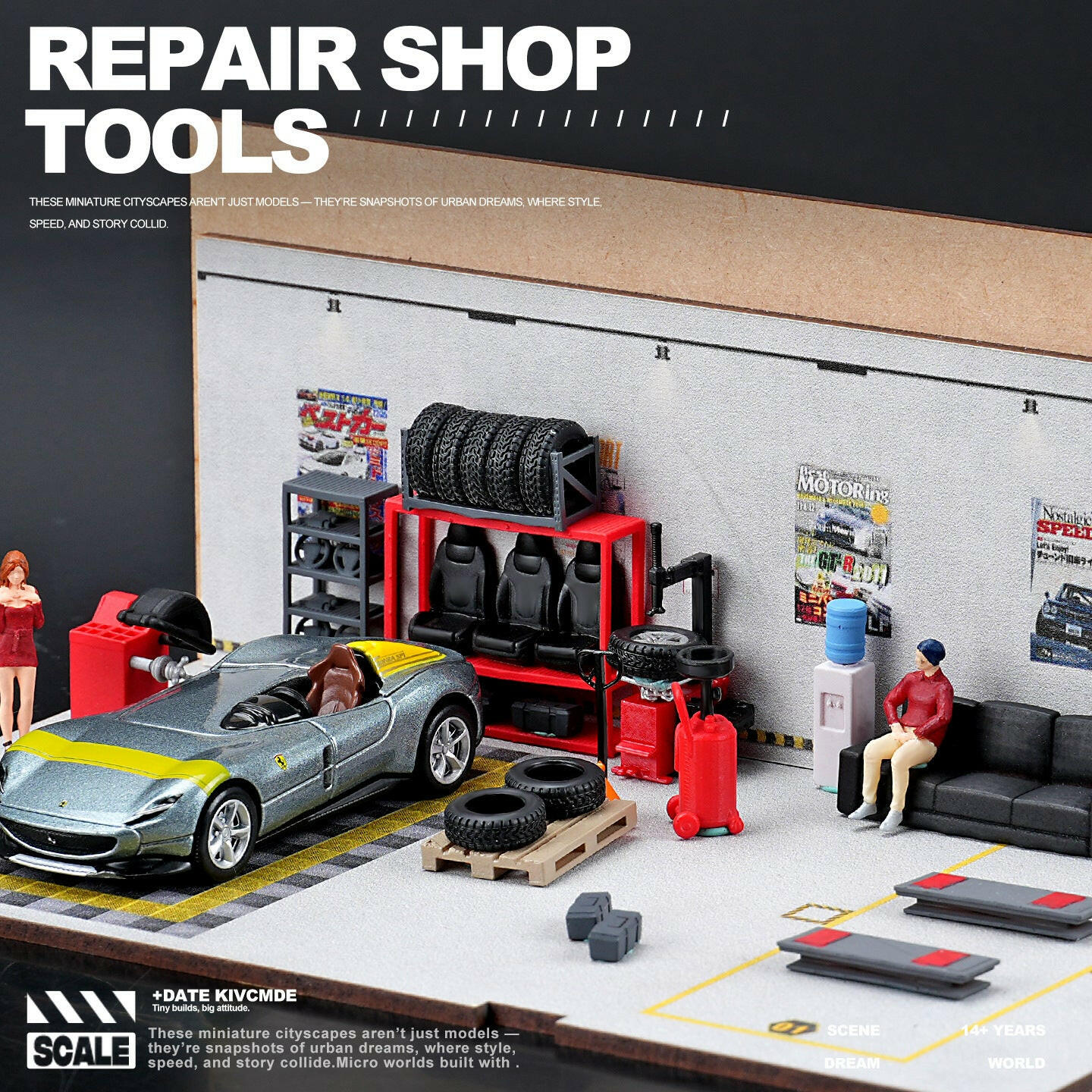 Bộ Phụ Kiện Sửa Xe 1:64 Resin Sơn Màu Sẵn – Dụng Cụ Garage Mini Diorama 3D DIY.