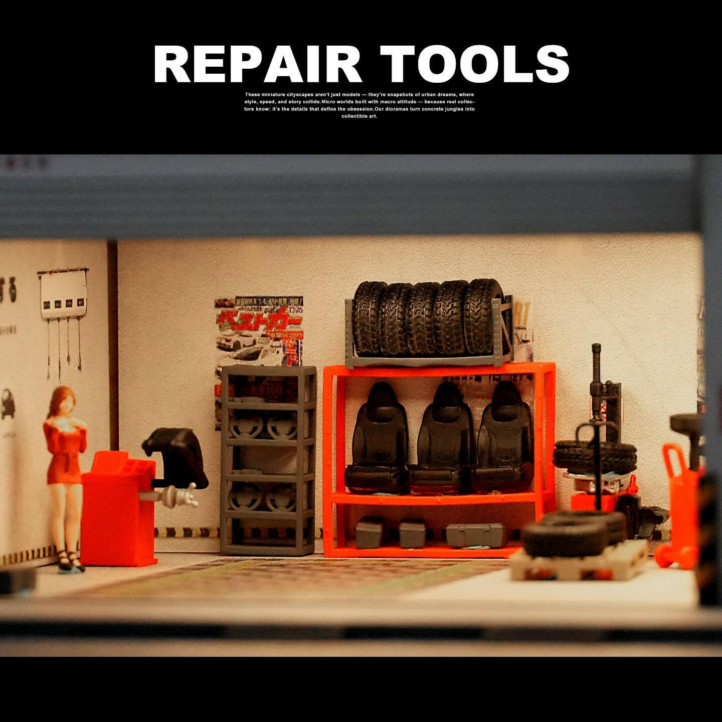 Bộ Phụ Kiện Sửa Xe 1:64 Resin Sơn Màu Sẵn – Dụng Cụ Garage Mini Diorama 3D DIY.