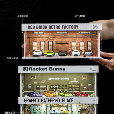 Garage  Trưng Bày Xe Mô Hình 1:64 Có Đèn LED – Tủ Mica Mini - Lắp Ráp Dễ Dàng.