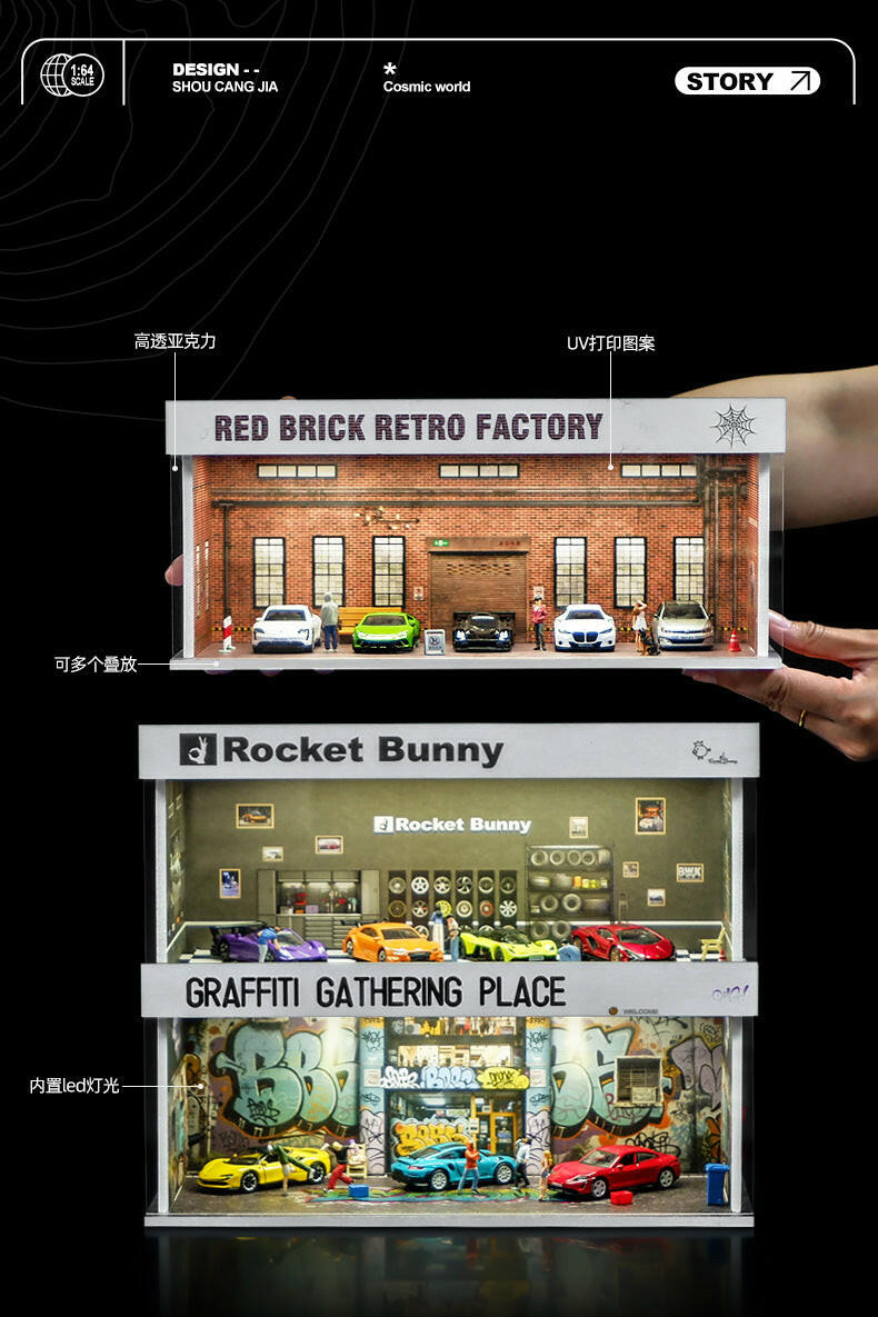 Garage  Trưng Bày Xe Mô Hình 1:64 Có Đèn LED – Tủ Mica Mini - Lắp Ráp Dễ Dàng.