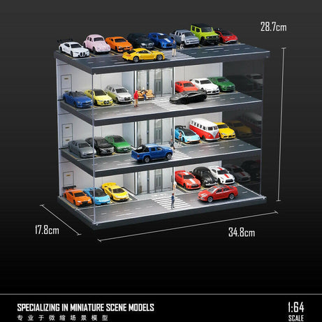 Mô Hình Bãi Đỗ Xe 1:64 Có Thang Máy & Đèn LED – Tủ Mica Trong Suốt.