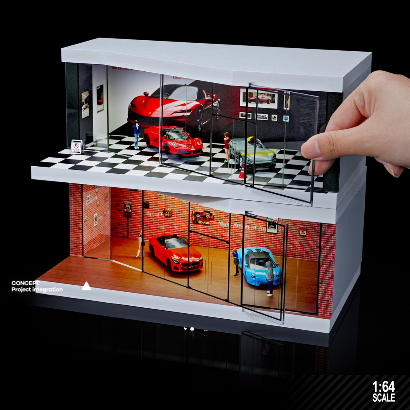 Mô Hình Diorama 1:64 – Cảnh Garage Đường Đua - Có Đèn LED - Hộp Trưng Bày Chống Bụi- Lắp Ráp Dễ Dàng.