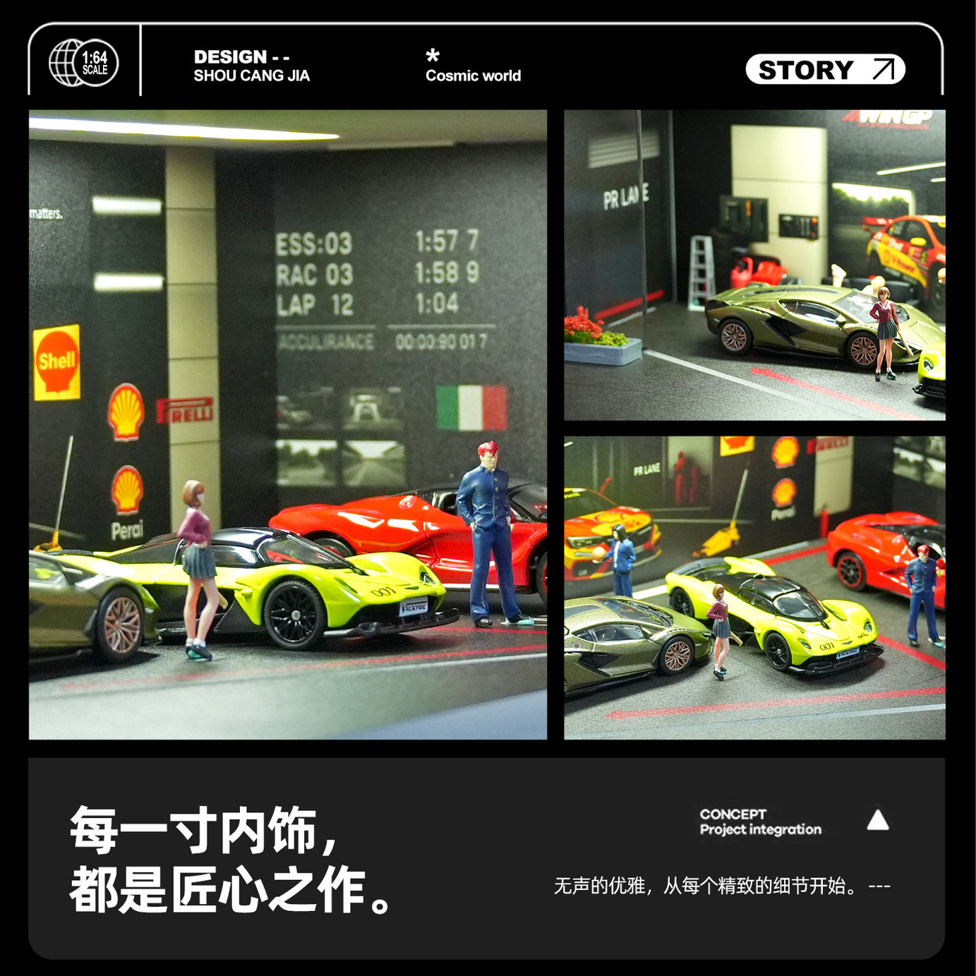 Mô Hình Diorama 1:64 – Cảnh Garage Đường Đua - Có Đèn LED - Hộp Trưng Bày Chống Bụi- Lắp Ráp Dễ Dàng.