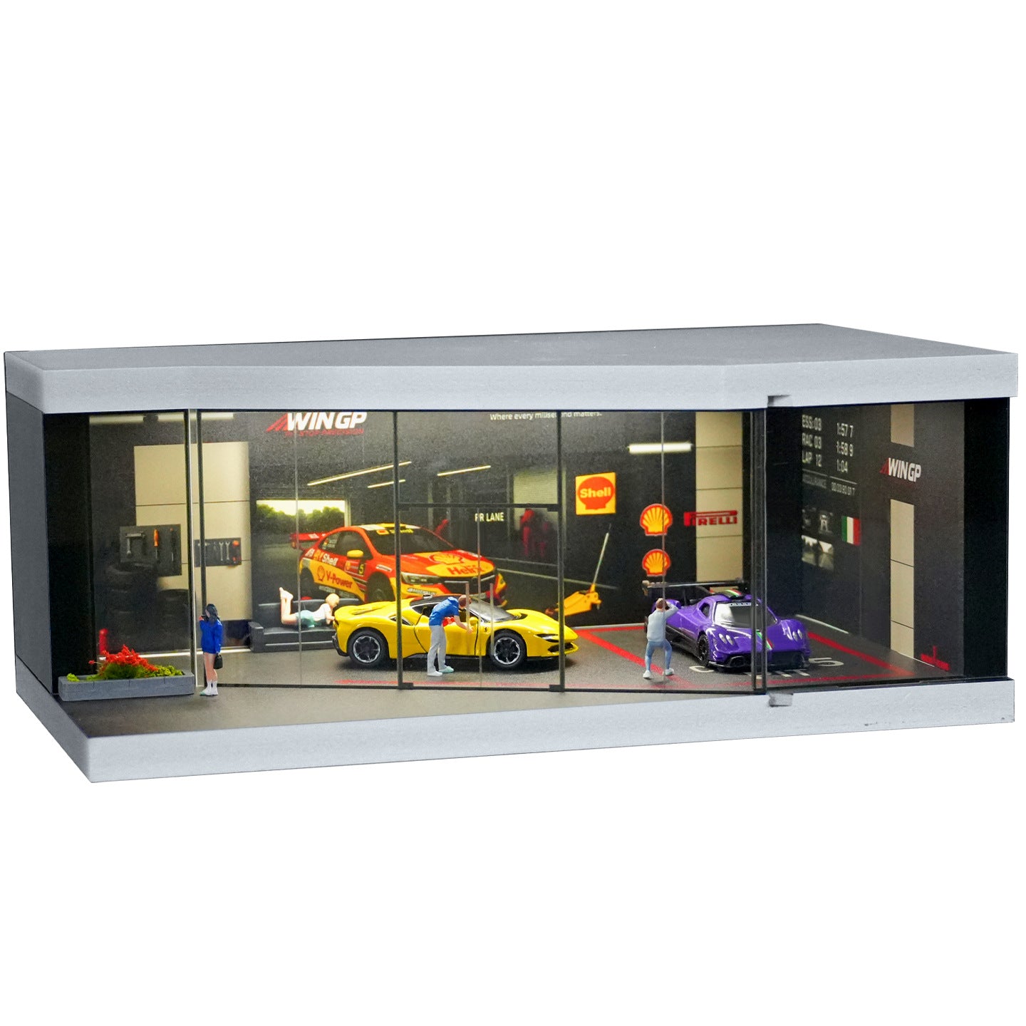 Mô Hình Diorama 1:64 – Cảnh Garage Đường Đua - Có Đèn LED - Hộp Trưng Bày Chống Bụi- Lắp Ráp Dễ Dàng.