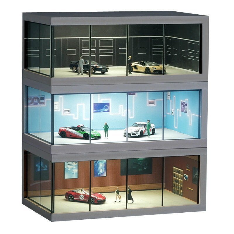 Mô Hình Showroom Trưng Bày Xe 1:64 Có Đèn LED – Tủ Acrylic Trong Suốt Cao Cấp, Garage Mini 3D.