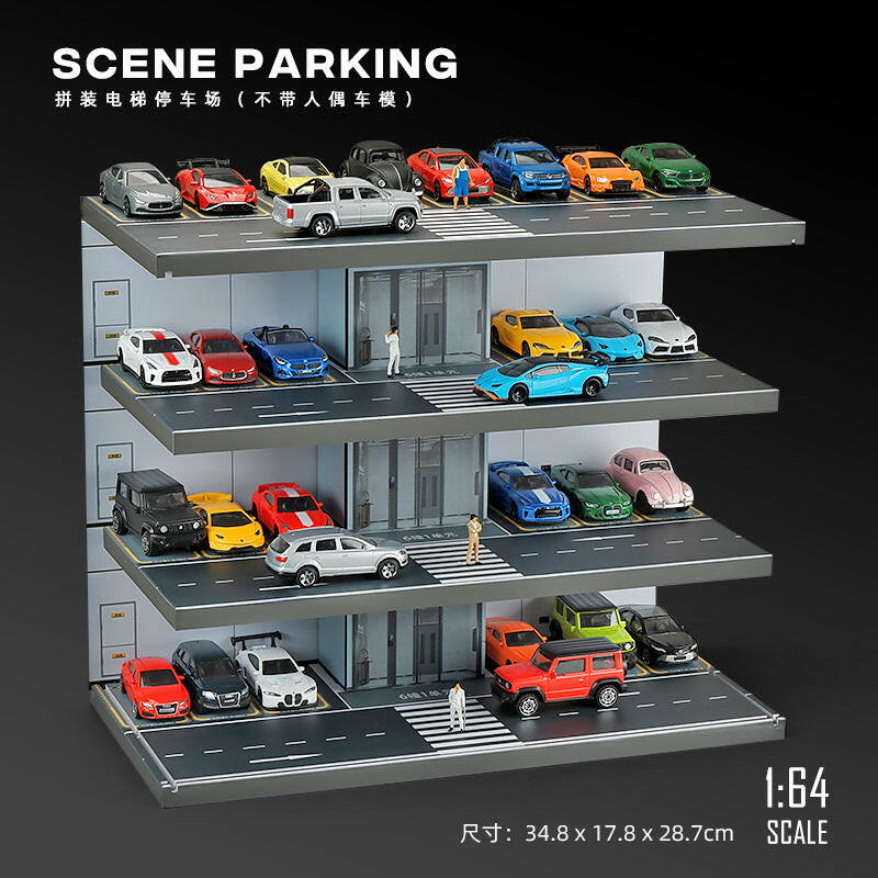Mô Hình Bãi Đỗ Xe 1:64 Có Thang Máy & Đèn LED – Tủ Mica Trong Suốt.
