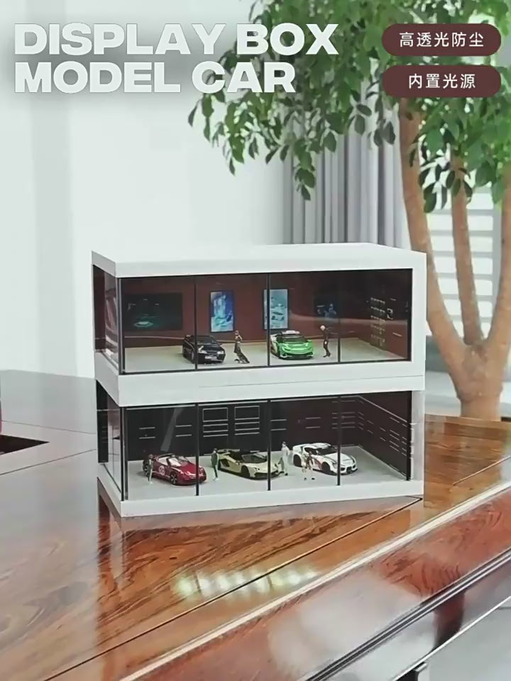 Mô Hình Showroom Trưng Bày Xe 1:64 Có Đèn LED – Tủ Acrylic Trong Suốt Cao Cấp, Garage Mini 3D.