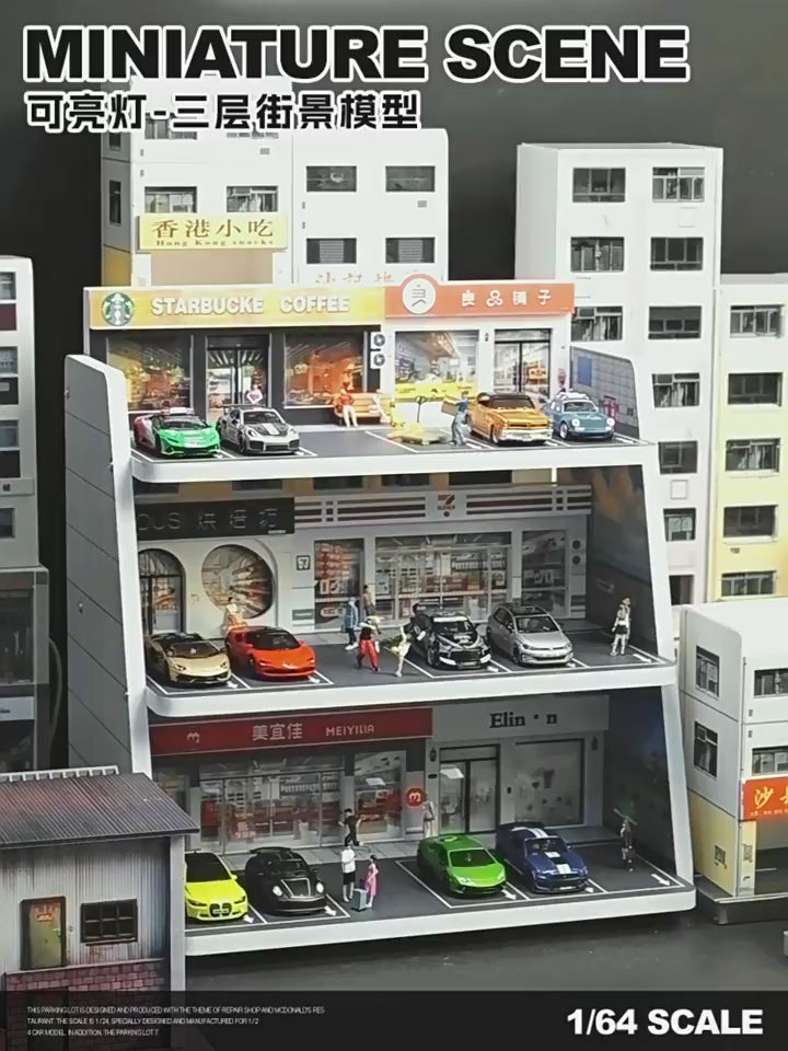 Mô Hình Diorama 1:64 – Bãi Đỗ Xe 3D - Có Đèn LED - Kiến Trúc Đa Tầng - Kệ trưng bày xe mô hình cho bàn làm việc.
